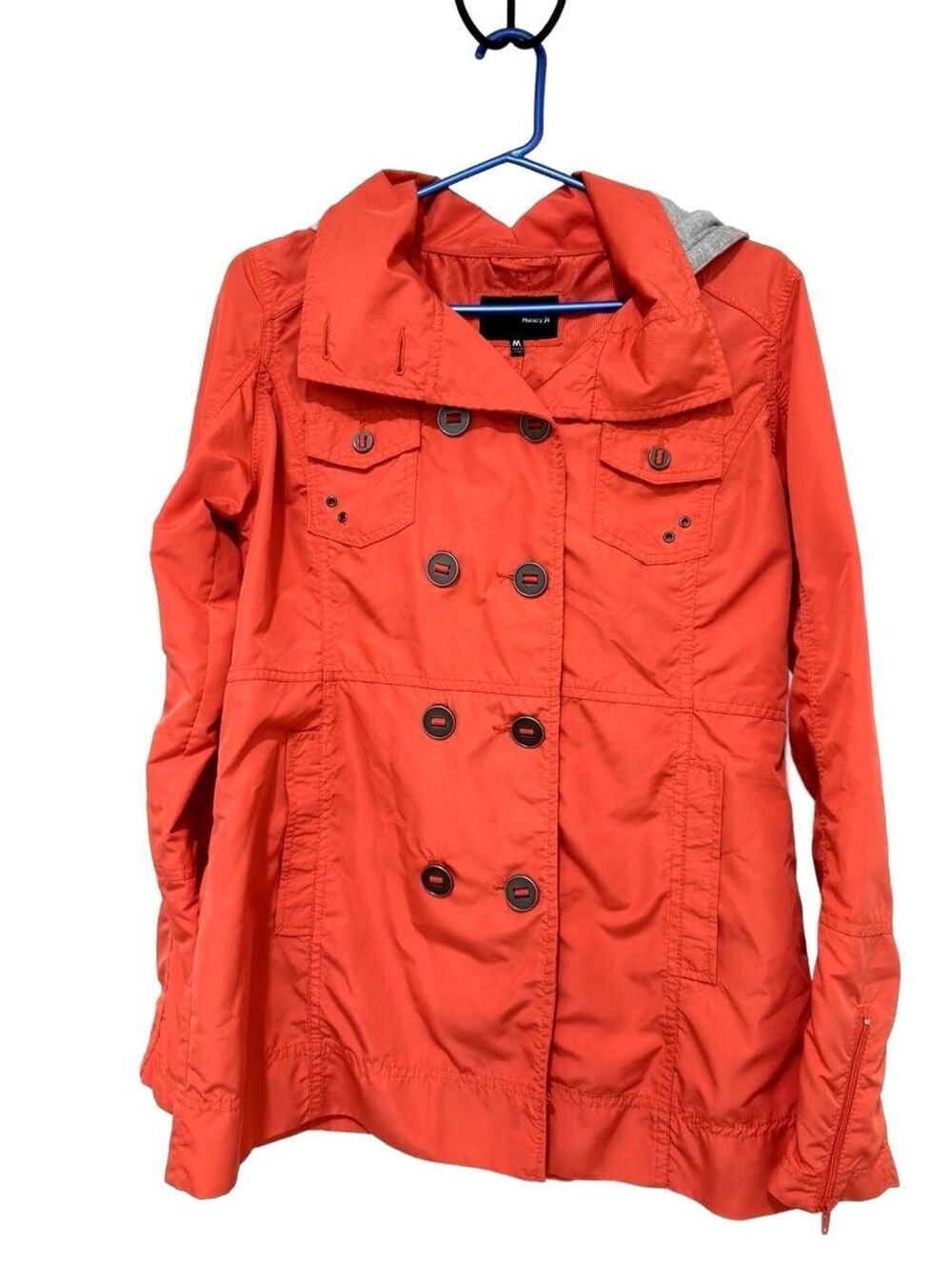 Hurley Womens Y2K Coral Orange Trench Coat Size M Removable Hood Utility Jacket
